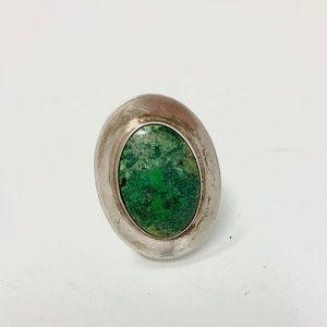 Vintage Mexican Modernist Green Agate & SS Ring Sz 5.5